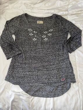 Hollister Charcoal Marled Long Sleeve Henley with Embellished Yoke